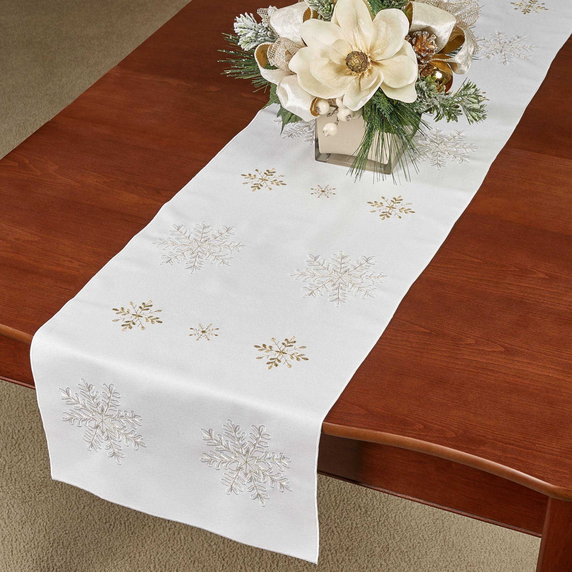 Touch of Gold Embroidered Snowflake Table Linens