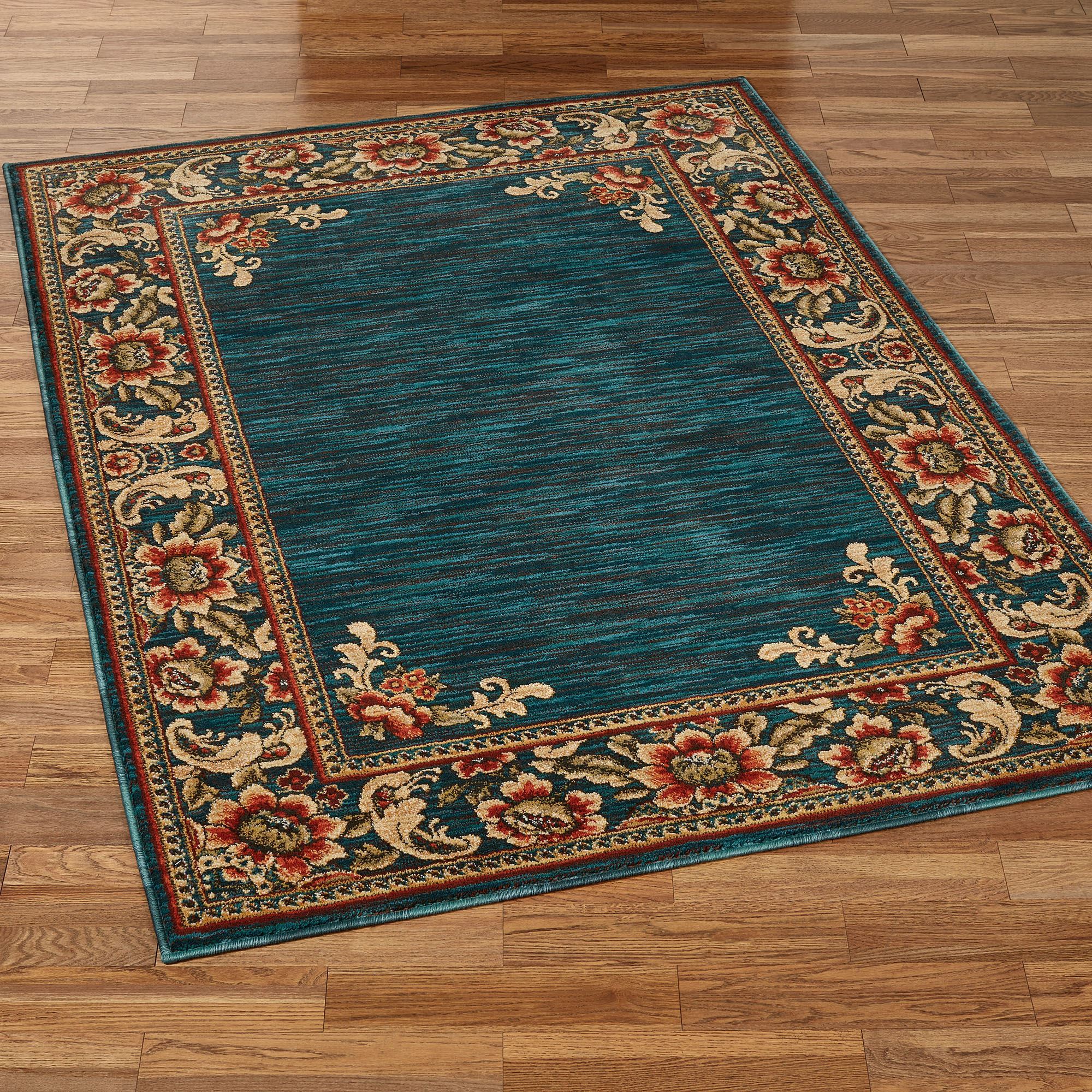 Florian Border Jacobean Floral Dark Teal Area Rugs