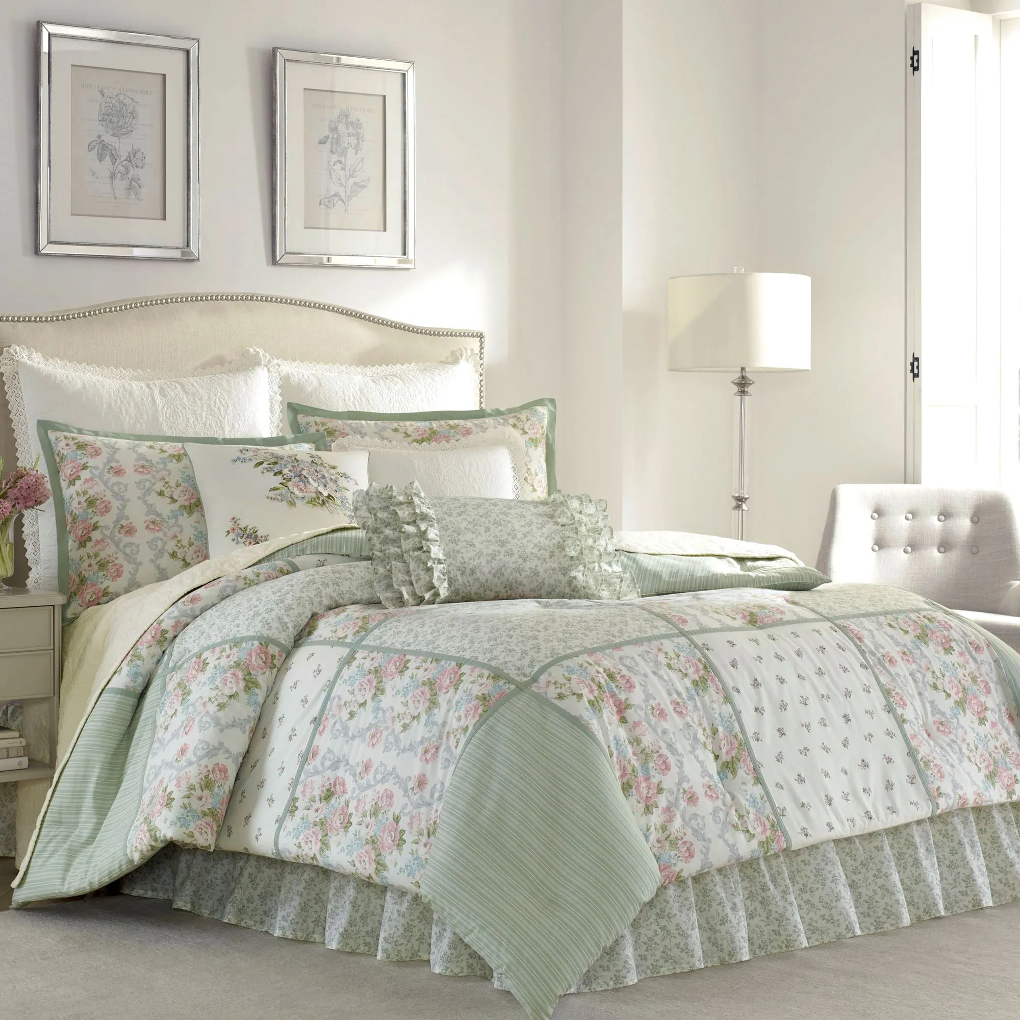 Harper Celadon Floral Block Comforter Bedding by Laura Ashley