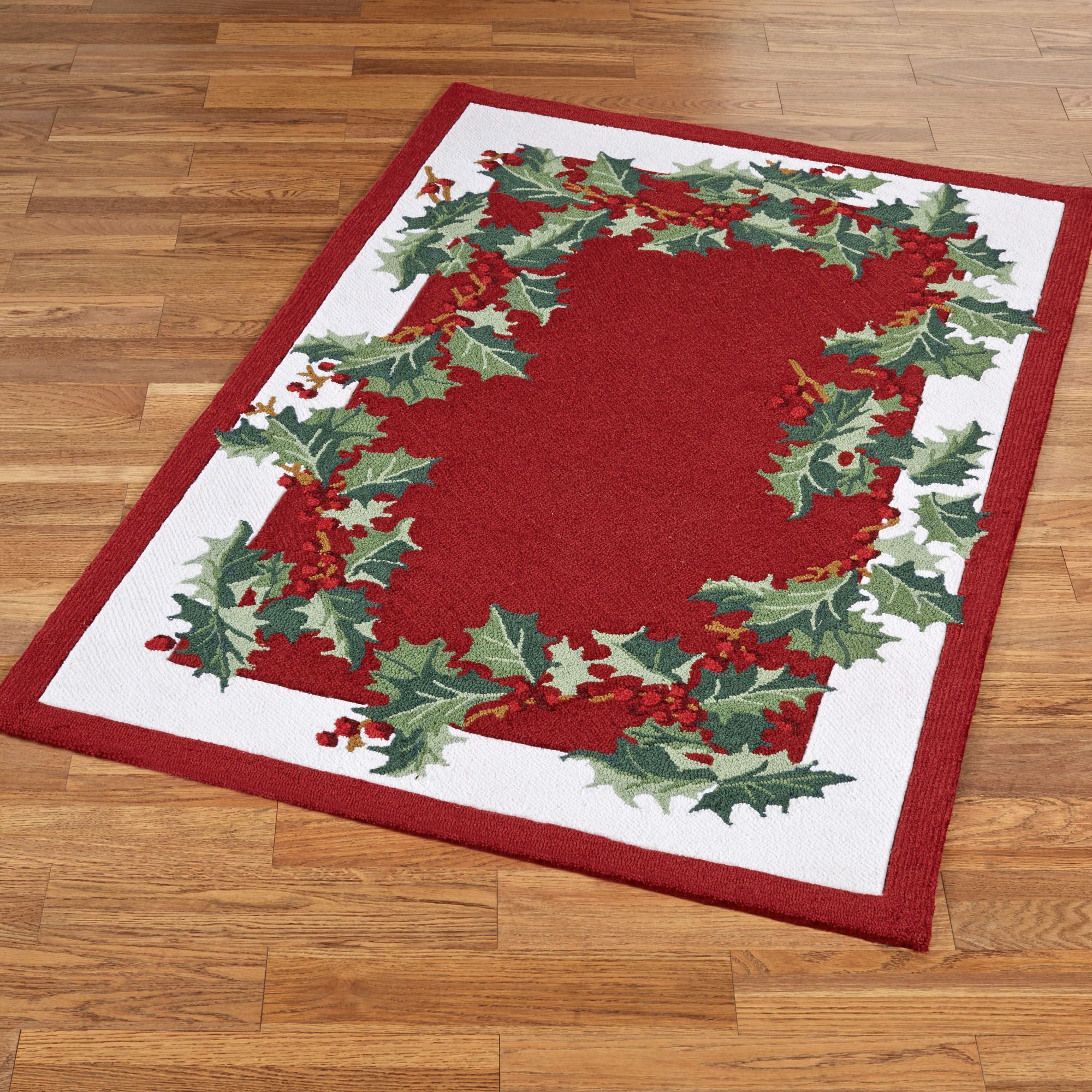 Holly Border Hooked Holiday Area Rugs